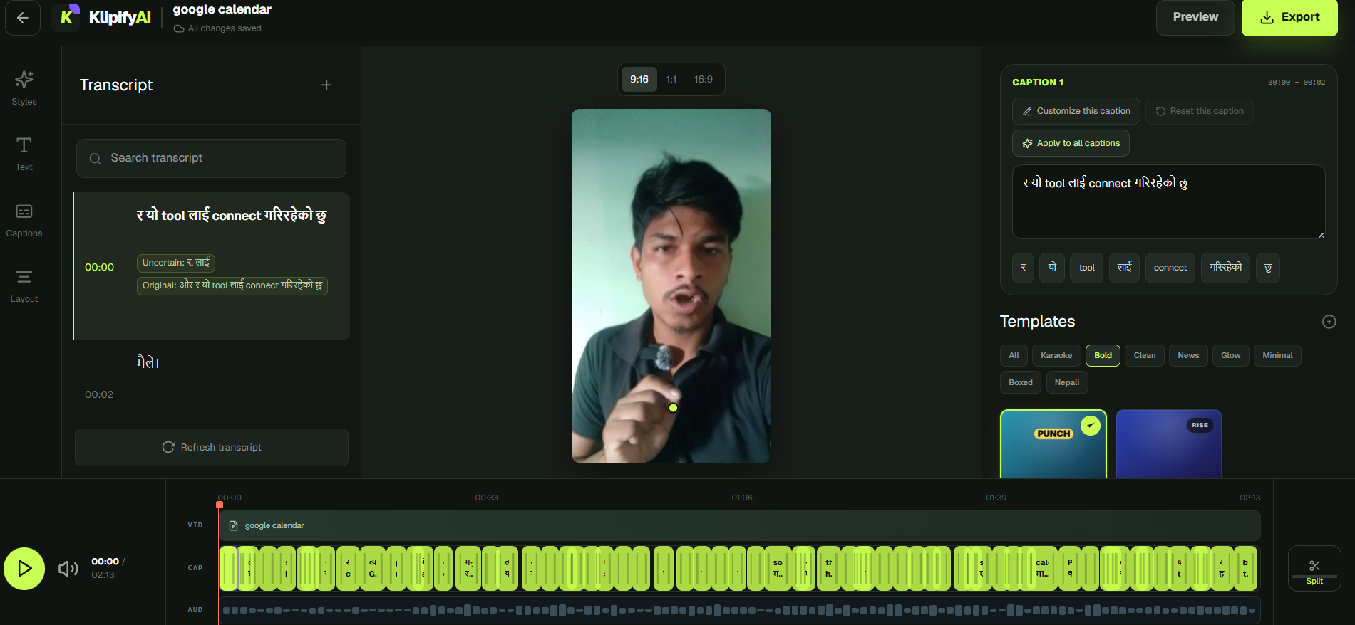 KlipifyAI Studio showing the transcript, vertical video preview, caption controls, templates and editing timeline